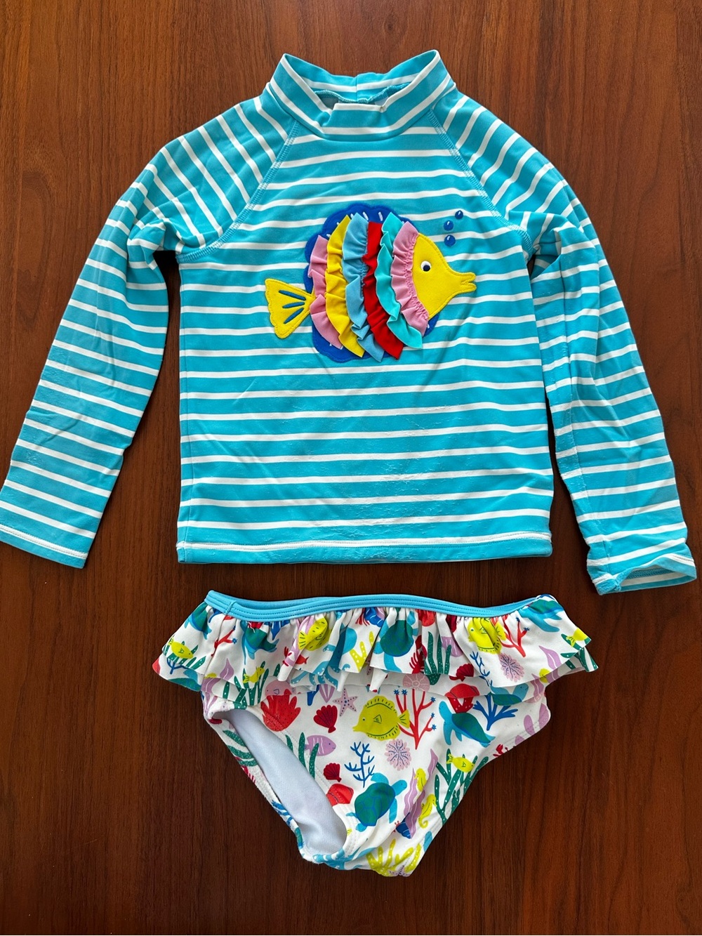 Mini Boden Turquoise Striped Rash Guard and Fish Print Ruffle Swim Bottoms